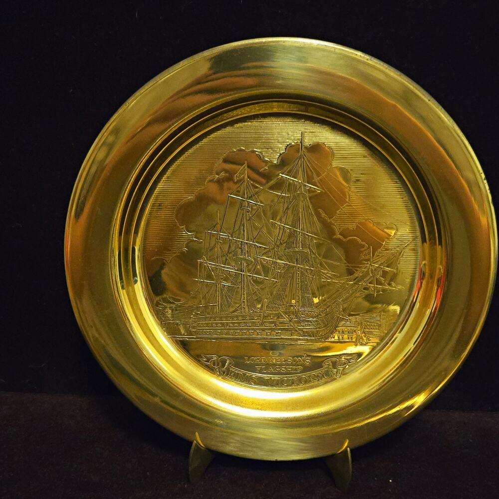 Vintage 9" Brass Plate HMS Victory Lord Nelson Flagship w/ stand